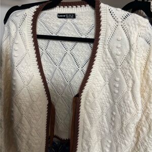 SHEIN Cream and Brown Cable Knit Cardigan